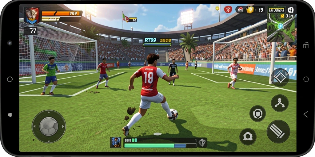 Tangkapan layar gameplay RT99 yang menunjukkan momen-momen seru dalam permainan olahraga.